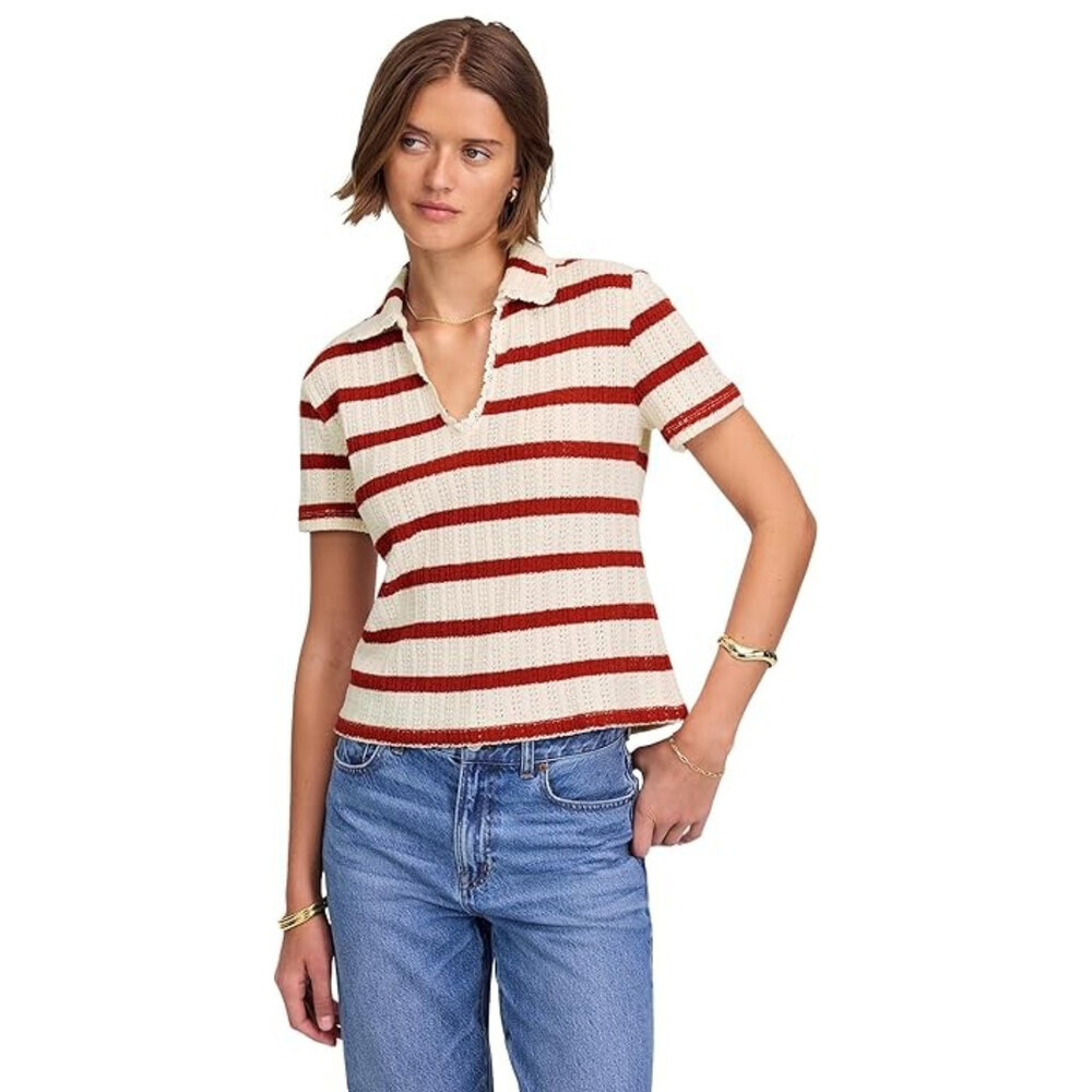 Madewell Bali Polo Shirt Women's 2XS Red Striped Crochet Short Sleeve GBO1269